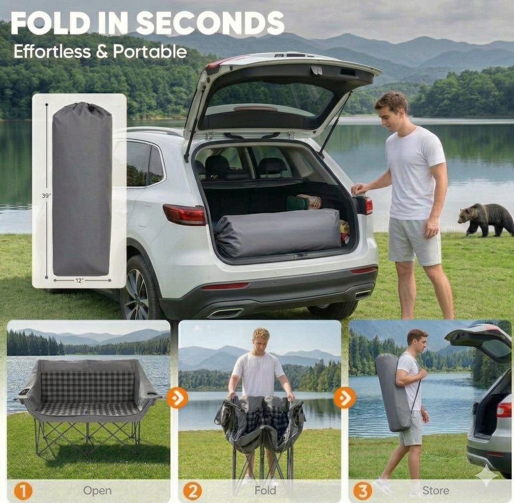 A camping folding lounger shown in a lifestyle outdoor setting next to a white SUV with a lake and mountains in the background. The main scene shows a man loading the folded lounger into the SUV trunk, with a smaller inset showing the lounger stored vertically and another inset showing the lounger unfolded.