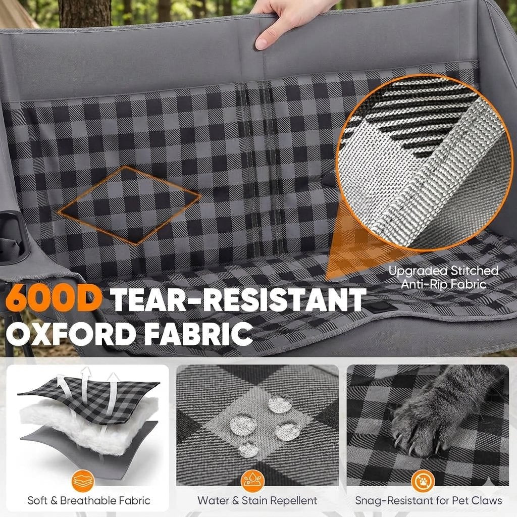 Gray and black buffalo plaid tear-resistant Oxford fabric pet bed shown outdoors with a hand holding the top edge, plus a fabric close-up inset and feature callouts about soft breathability, water stain resistance, and snag resistance for pet claws.