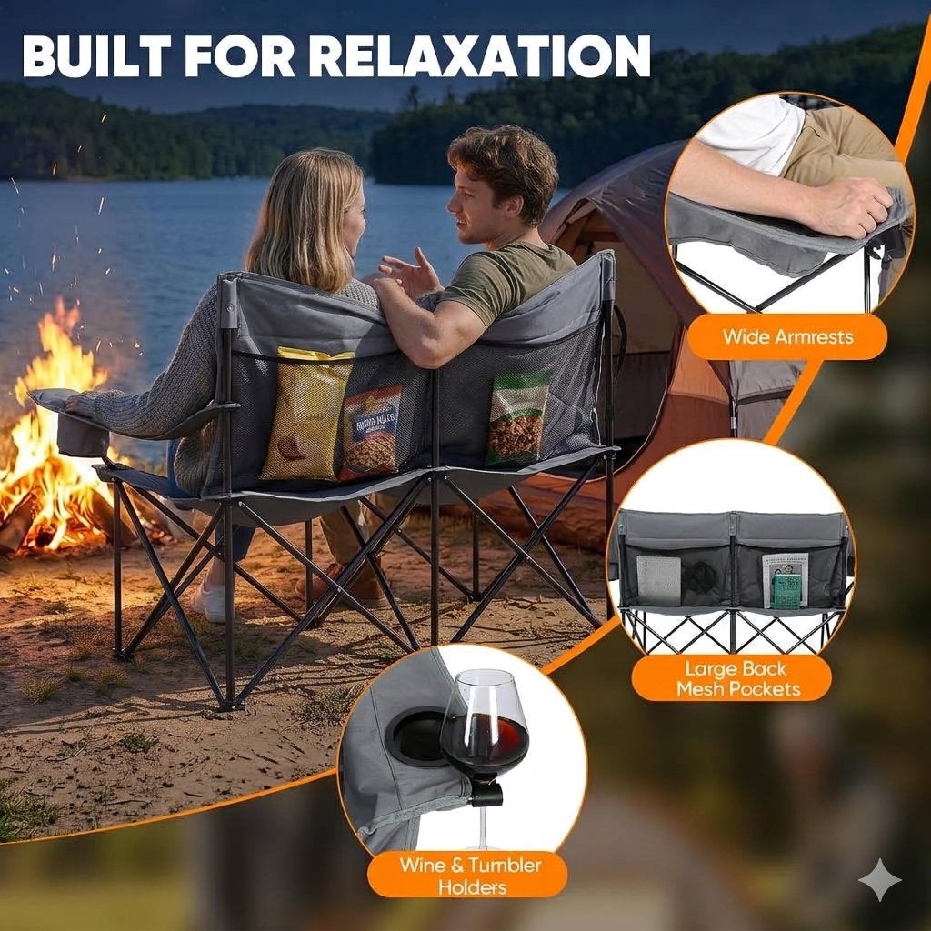 A promotional composite showing two people sitting in gray folding camp chairs by a campfire at dusk, with text reading 'BUILT FOR RELAXATION' and three inset callouts highlighting wide armrests, large back mesh pockets, and a wine and tumbler holder.