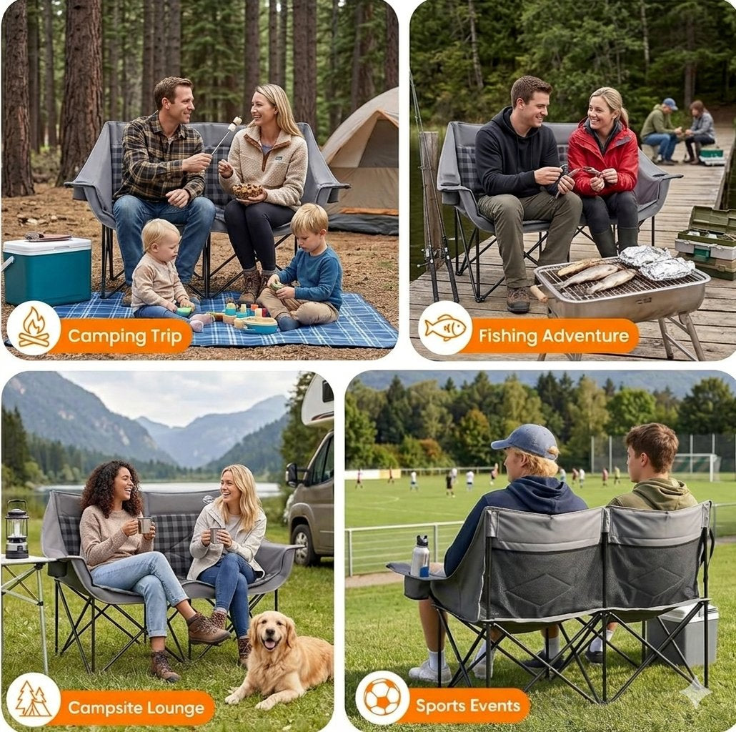 A four-panel collage showing gray folding camping chairs in use outdoors: a family camping, a couple fishing by a lake, a couple sitting by a van at a campsite, and two people watching a sports event. The collage includes orange labels with activity text and small icon graphics.