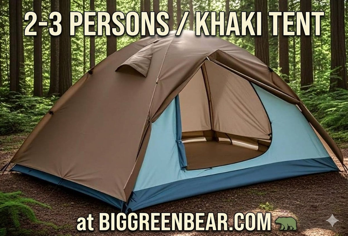 A khaki and light blue dome tent pitched in a forest setting, with large text reading '2-3 PERSONS / KHAKI TENT' at the top and 'at BIGGREENBEAR.COM' at the bottom.