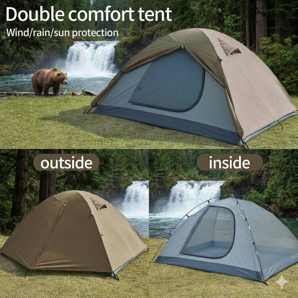 Double comfort tent shown in a camping outdoor setting with a waterfall and grassy field. The top panel shows the tent with text reading 'Double comfort tent' and 'Wind/rain/sun protection,' with a brown bear near the waterfall.