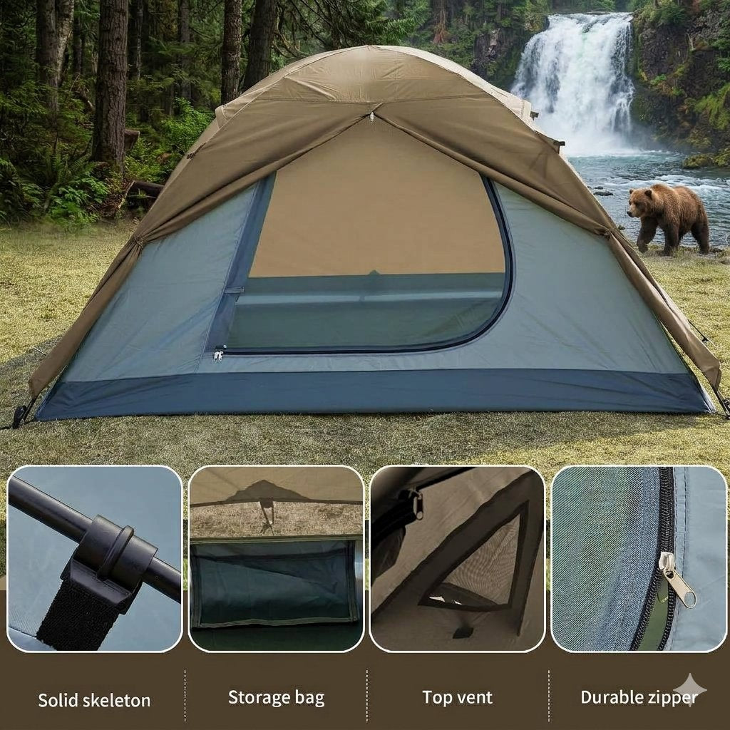 A dome-style camping tent is shown pitched outdoors in a forest near a waterfall, with four inset detail panels along the bottom highlighting features such as a solid skeleton frame, storage bag, top vent, and durable zipper.
