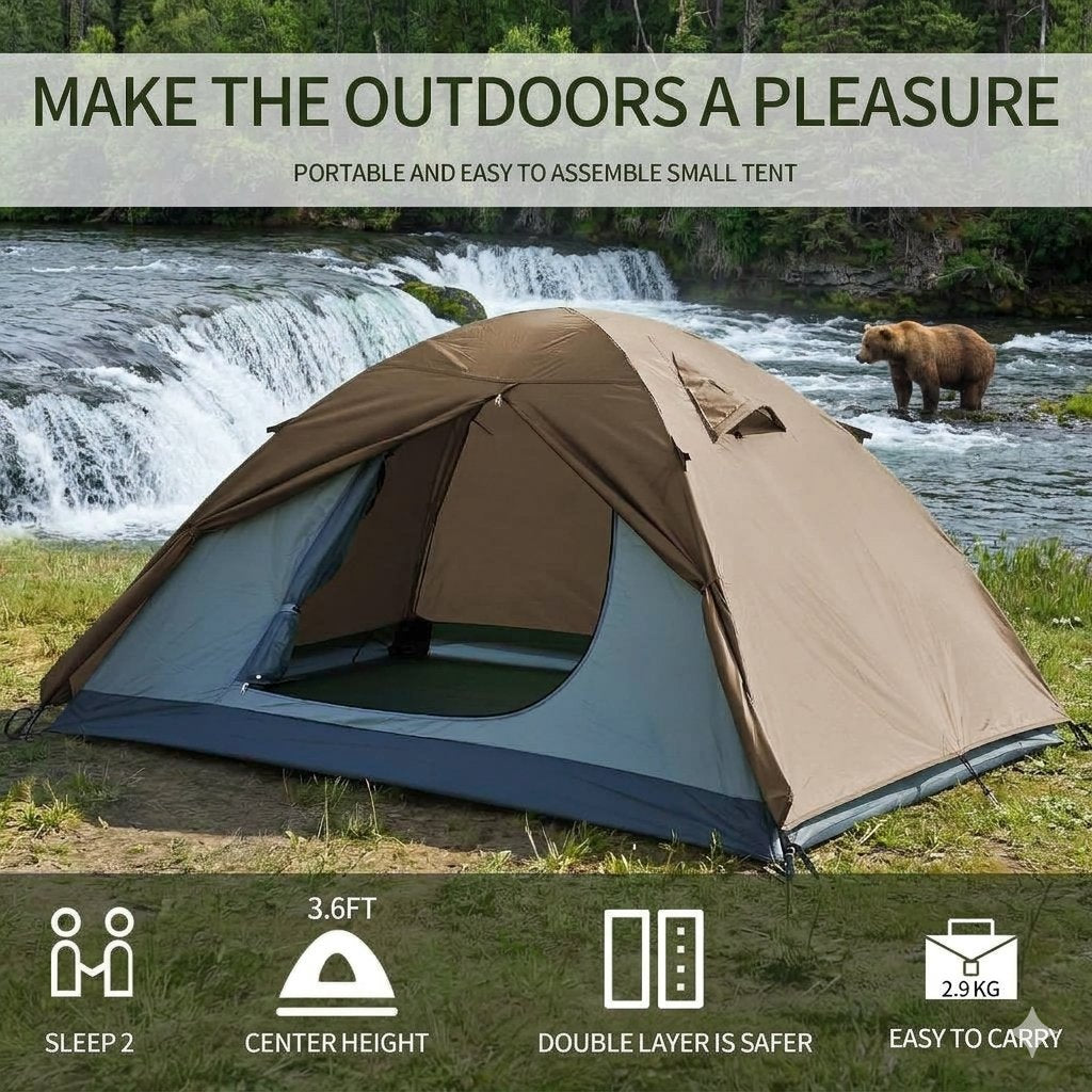 A brown and gray camping tent pitched outdoors near a waterfall and river, with a bear in the background and marketing text/icons along the top and bottom.