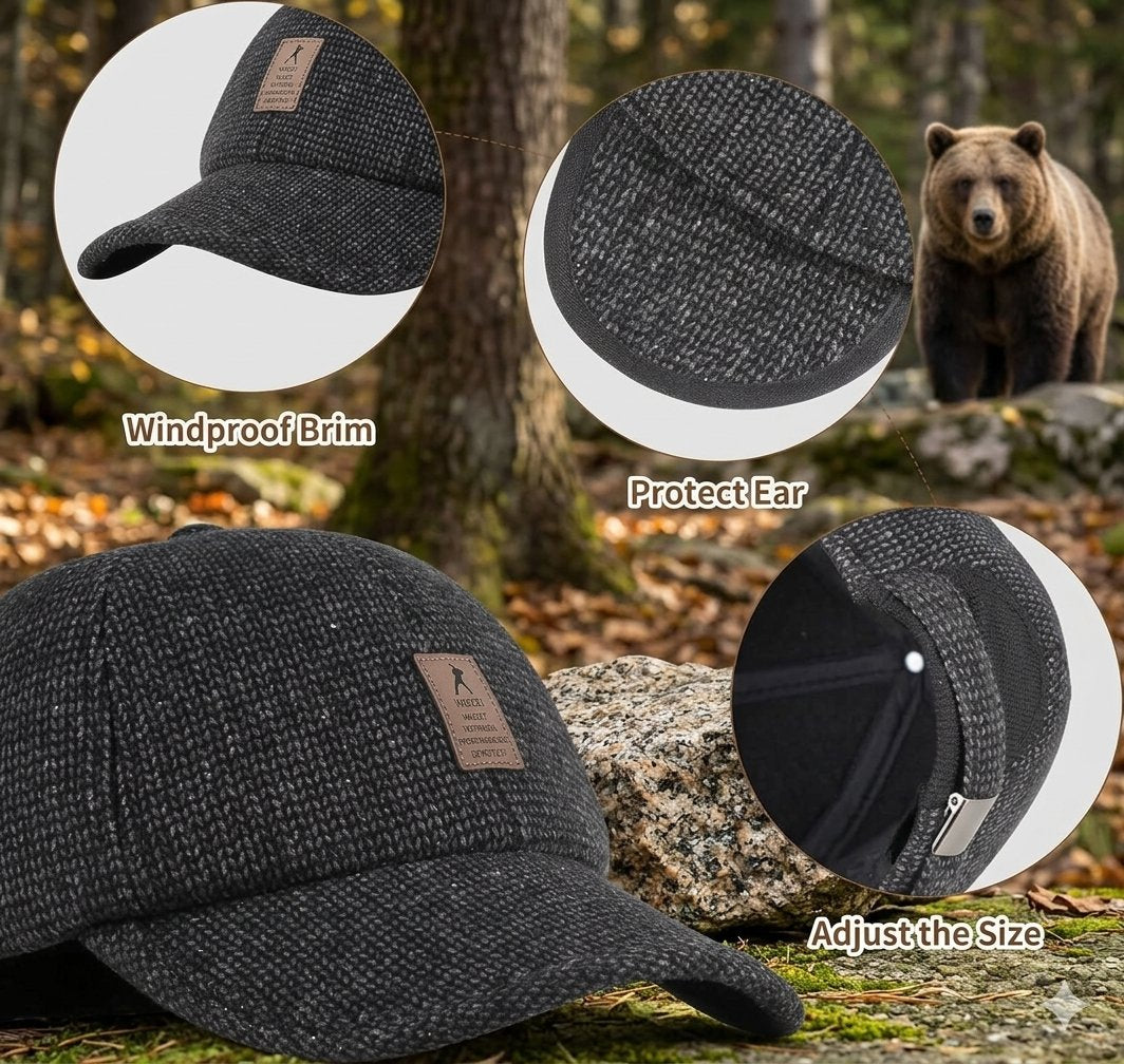 Dark gray textured baseball cap shown with circular detail callouts highlighting a windproof brim, ear protection, and adjustable sizing, set against an outdoor forest background with a bear in the distance.