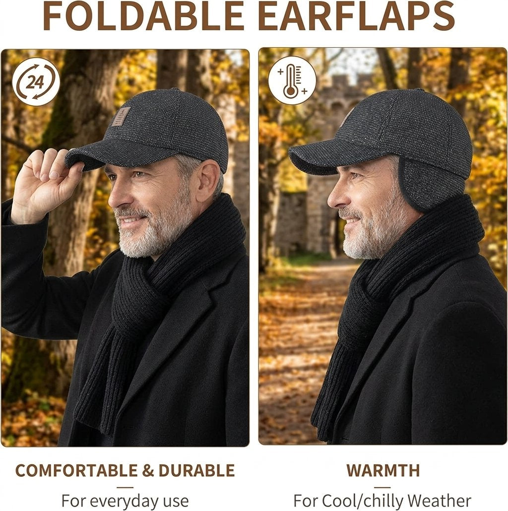 Foldable earflap winter cap shown on a man outdoors in a wooded setting, with text reading 'FOLDABLE EARFLAPS' and feature callouts 'COMFORTABLE & DURABLE' and 'WARMTH'. The man wears a black coat and black scarf, and the cap is dark charcoal gray.