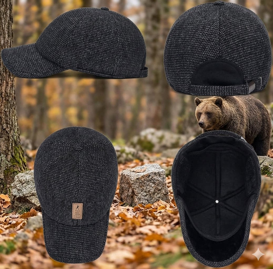 Four views of a dark charcoal gray textured baseball cap shown over a blurred forest background with fallen leaves and a bear visible in the distance. The cap is shown from the front, back, side, and interior.