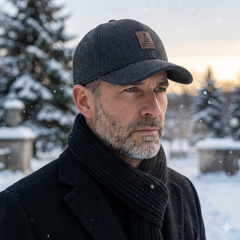 A man wearing a dark gray textured baseball cap with a brown logo patch, a black knit scarf, and a black coat, standing outdoors in a snowy winter setting.