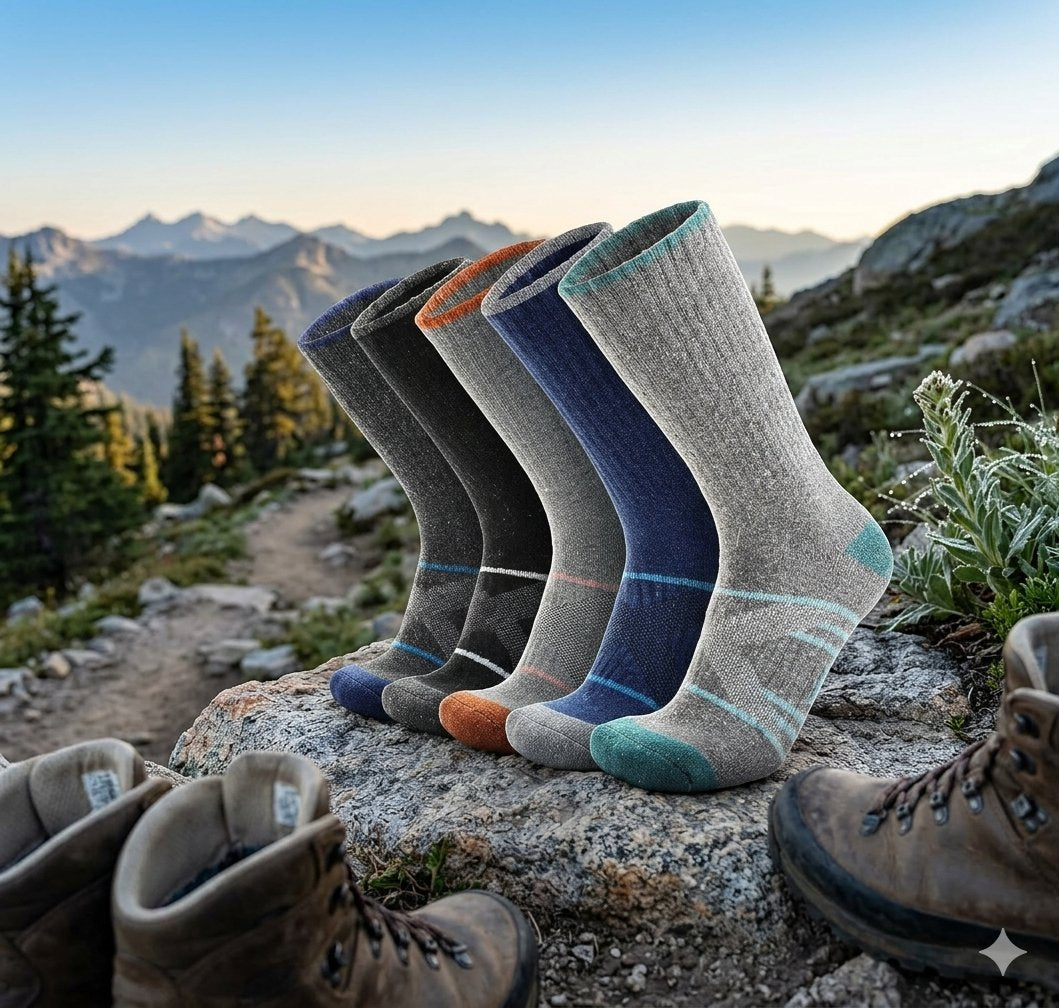 Four pairs of mid-calf hiking socks in gray, navy, black, and blue are arranged on a rock outdoors, with hiking boots in the foreground and a mountain landscape in the background. big green bear biggreenbear.com