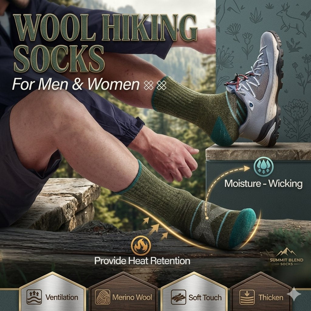 A promotional graphic for wool hiking socks. A man is shown sitting outdoors with one leg extended, wearing olive green wool hiking socks with teal accents and gray hiking shoes.