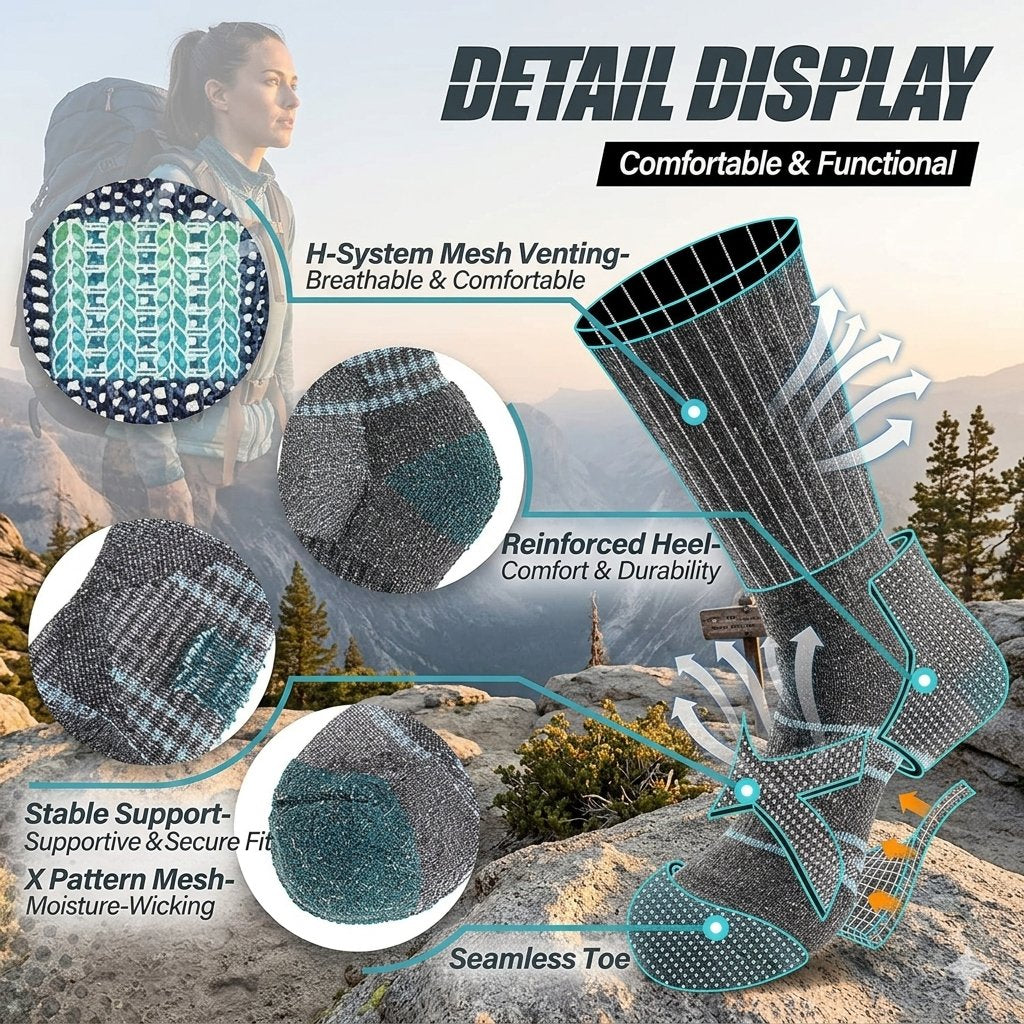 A promotional infographic for a hiking boot with a woman in the background and multiple callout circles highlighting product features: H-system mesh venting, reinforced heel, stable support, X-pattern mesh, and seamless toe. The main subject is the boot itself, but the image is an explanatory marketing graphic rather than a clean product photo.