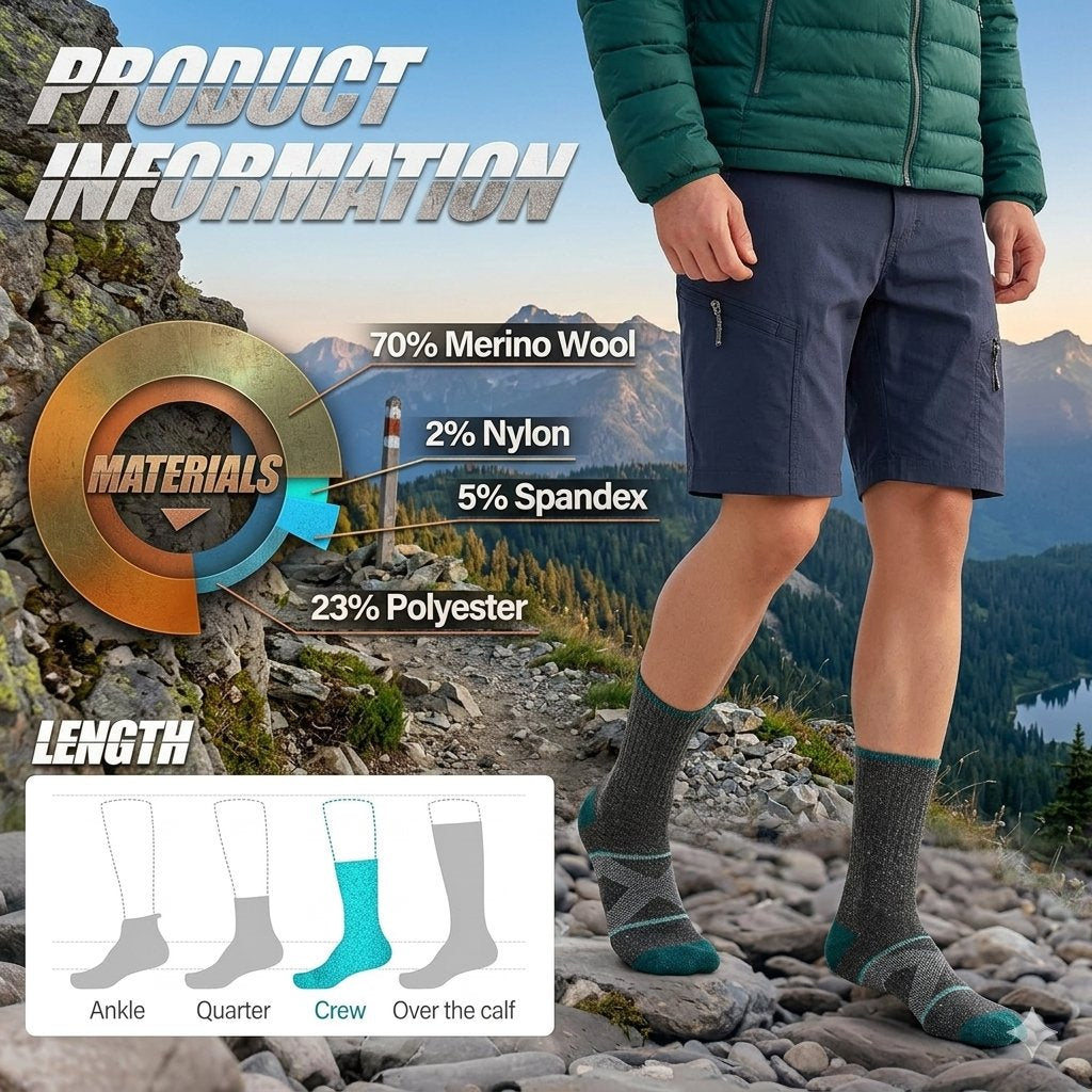 A person outdoors on a rocky mountain trail wearing navy hiking shorts and gray socks with teal accents. Large text overlays show product information, including material composition (70% Merino Wool, 2% Nylon, 5% Spandex, 23% Polyester) and length options (Ankle, Quarter, Crew, Over the calf).