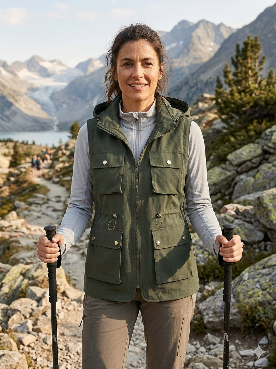 A woman hiking outdoors in front of mountains and a lake, wearing an olive green zip-front vest over a light gray long-sleeve shirt and khaki pants, holding black trekking poles. big green bear biggreenbear.com