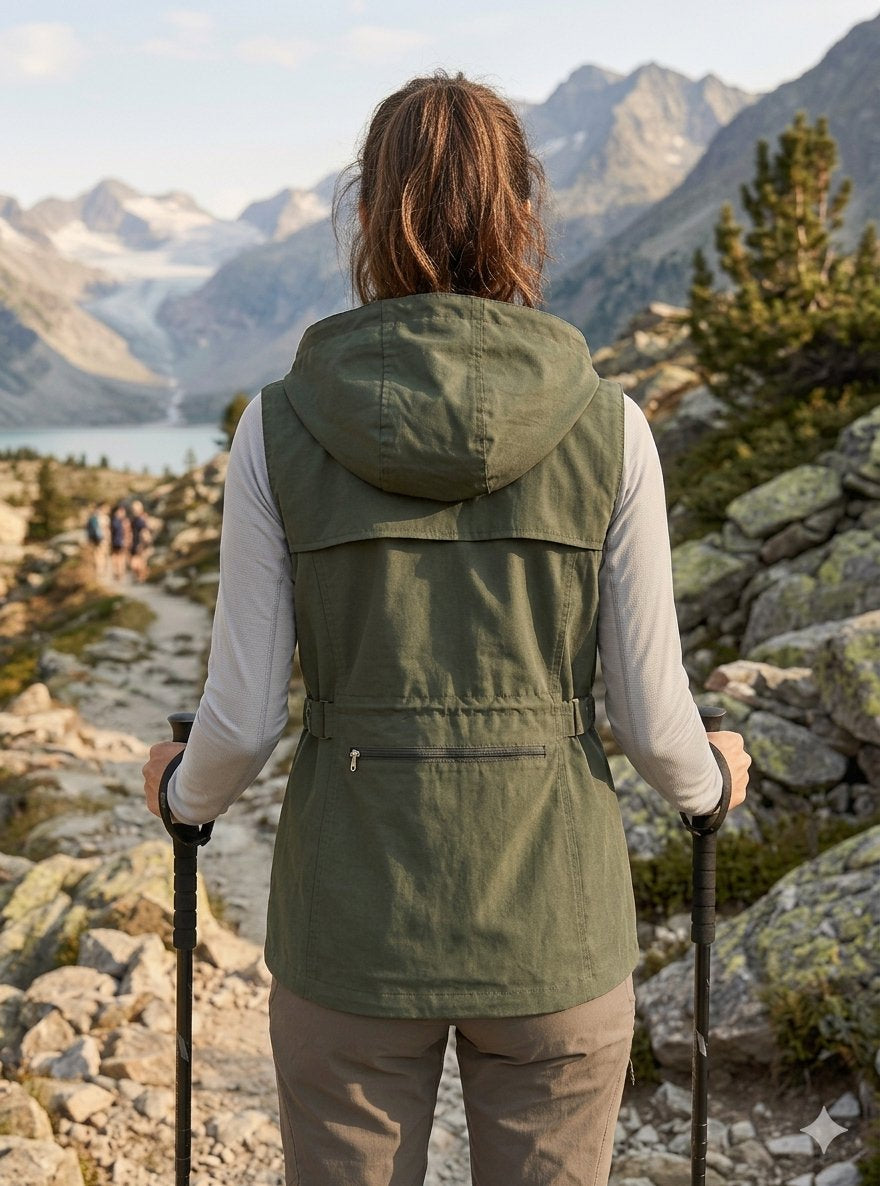 A woman seen from behind wearing an olive green hooded sleeveless vest over a light gray long-sleeve shirt, hiking on a mountain trail with trekking poles in front of a scenic mountain and lake background.