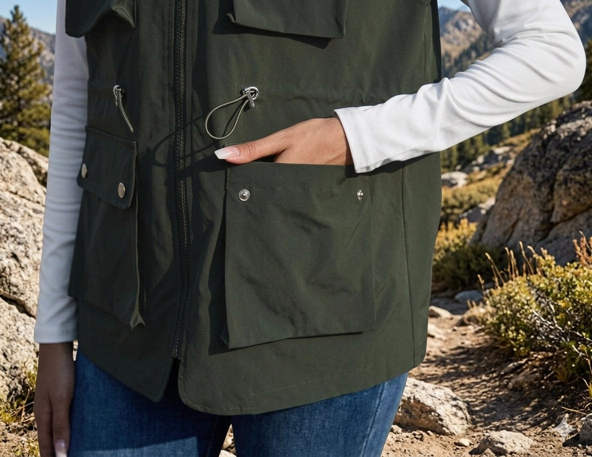 An olive green utility vest with multiple pockets and a front zipper, worn by a person in an outdoor mountain setting.