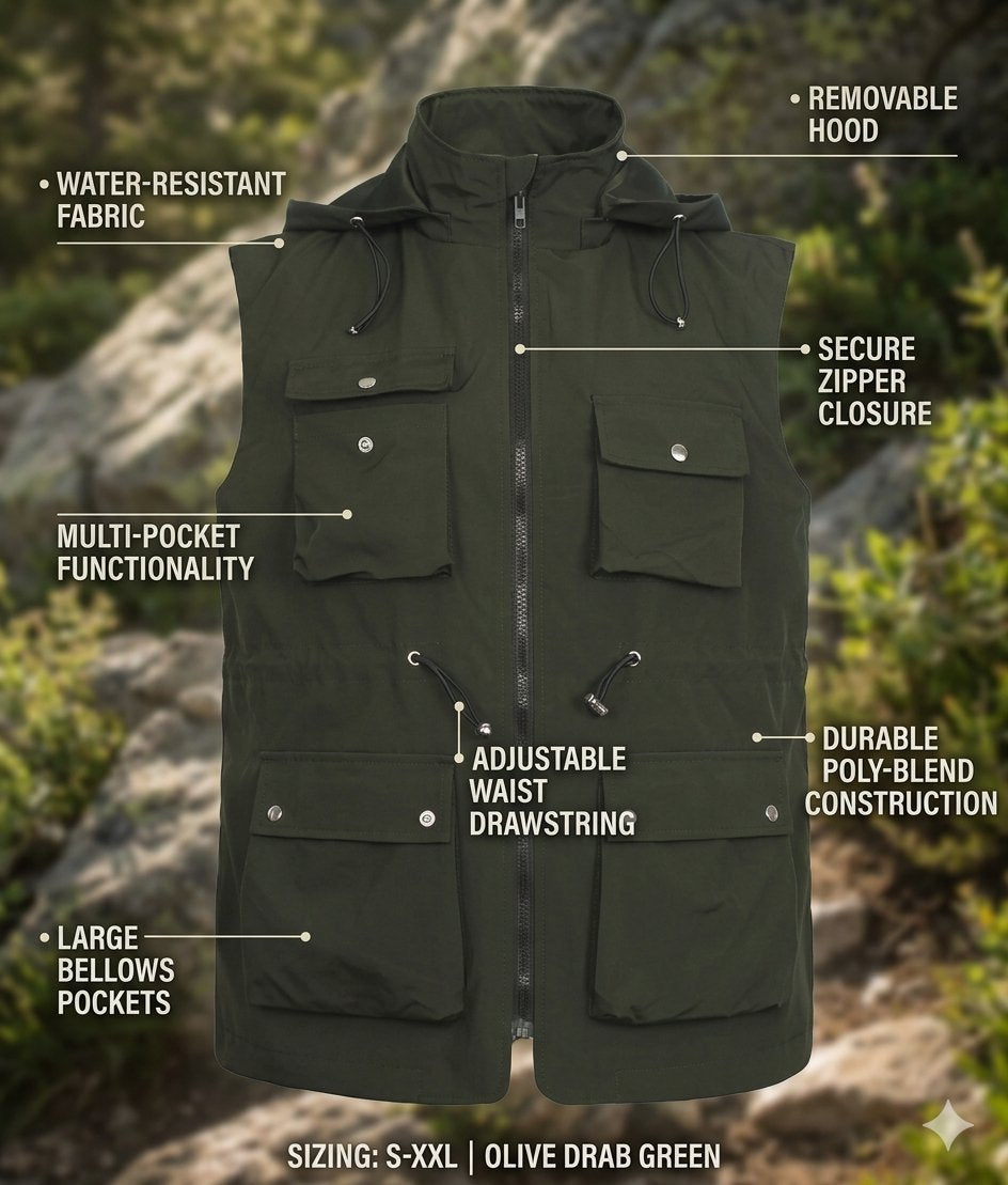 An olive drab green utility vest with multiple pockets and a front zipper, shown with overlaid text callouts describing features such as water-resistant fabric, removable hood, secure zipper closure, multi-pocket functionality, adjustable waist drawstring, durable poly-blend construction, and large bellows pockets. The background is a blurred outdoor rocky landscape.