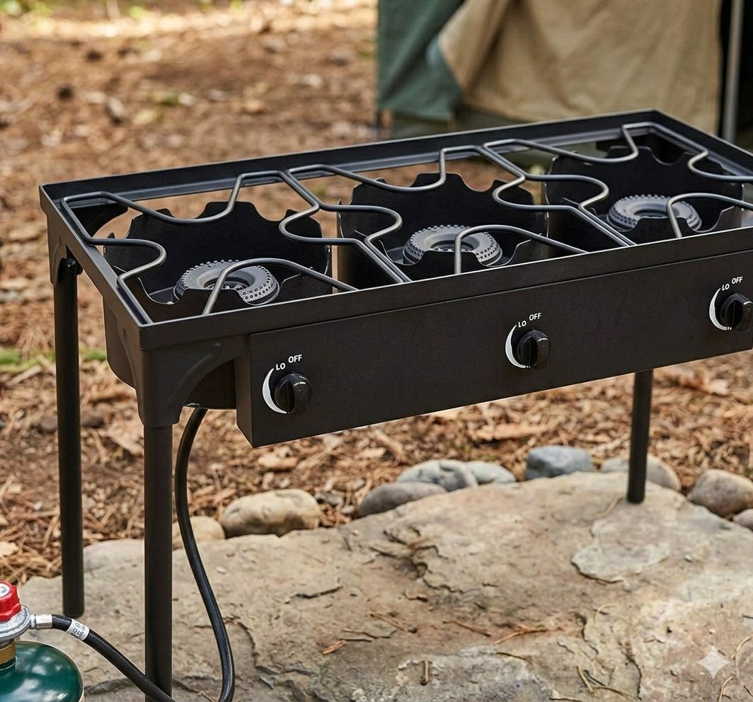 A black outdoor gas grill with three burners and two control knobs, shown on a campsite with rocks, mulch, and a propane tank in the background.