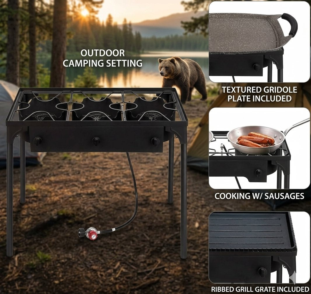 Black outdoor multi-burner camp stove set in a forest lakeside camping scene, with inset detail callouts showing the textured griddle plate, cooking setup with sausages, ribbed grill grate, and propane connection. Text overlays describe the outdoor camping setting and included features.