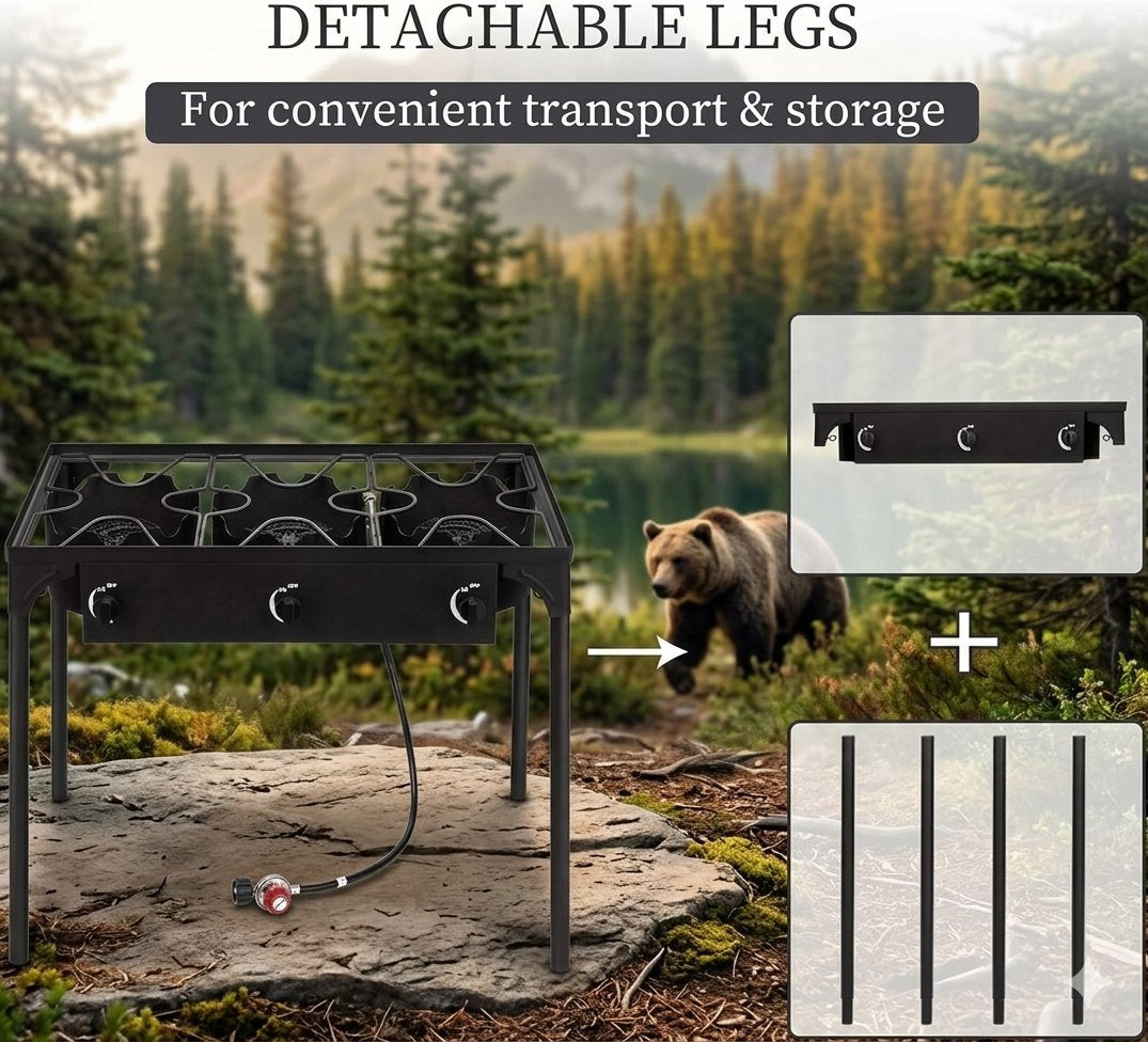 Black detachable camp stove legs and mounting brackets shown with a forest outdoor scene, text reading 'DETACHABLE LEGS' and 'For convenient transport & storage,' plus inset diagrams of the parts.