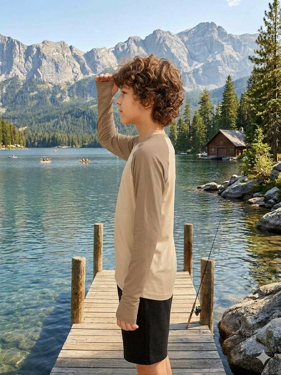 A child with curly brown hair stands on a wooden dock by a lake, wearing a beige long-sleeve shirt and black shorts, with mountains, trees, and a small cabin in the background.