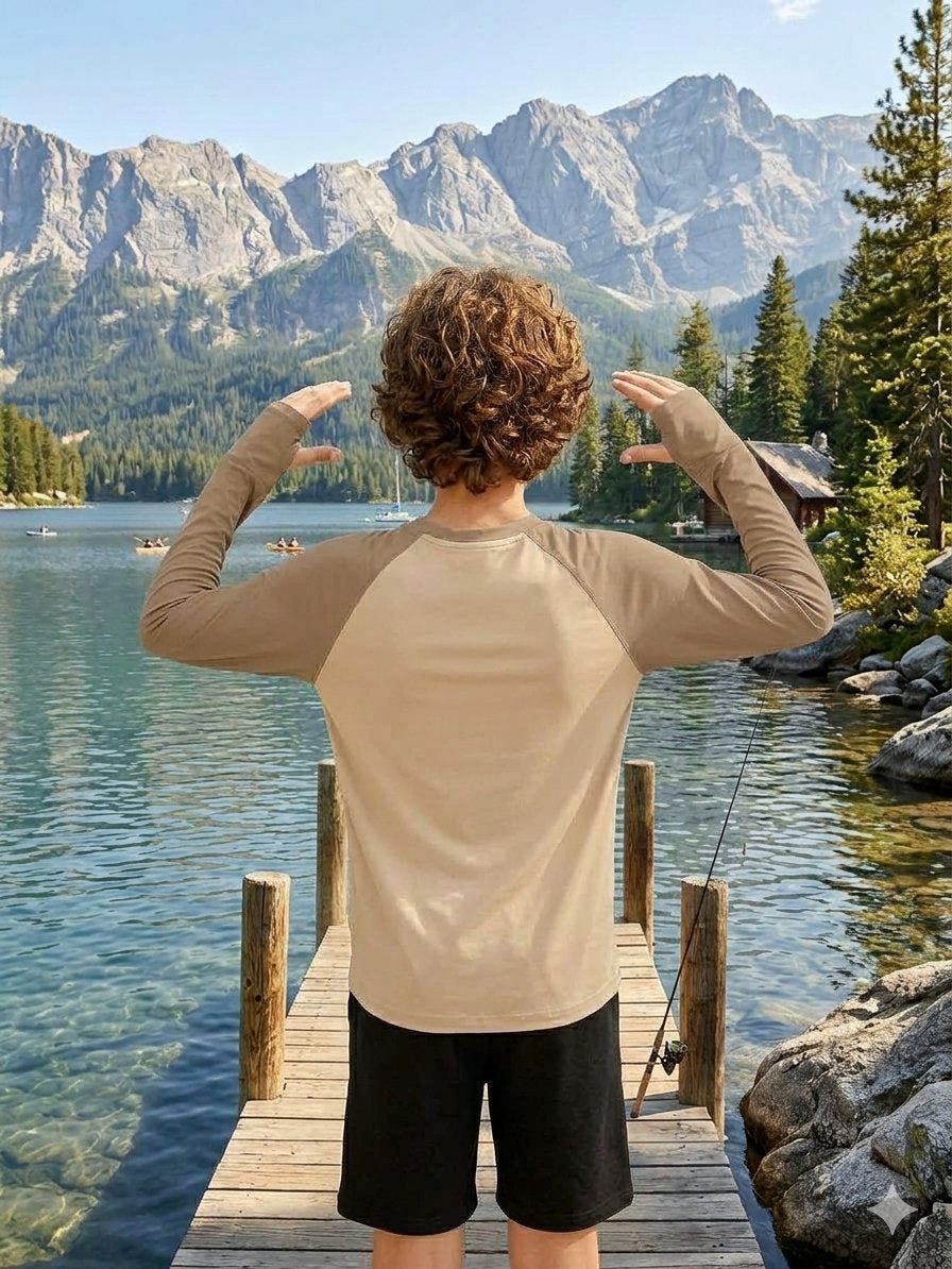 A person standing on a wooden dock by a lake with mountains in the background, wearing a beige and gray long-sleeve raglan shirt and black shorts.