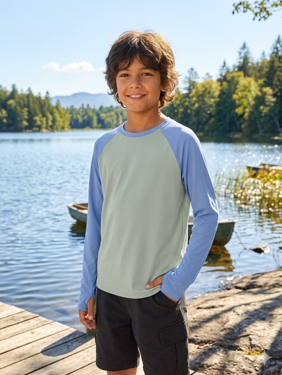 A smiling young boy stands on a wooden dock by a lake, wearing a long-sleeve raglan shirt with a light sage green body and light blue sleeves, paired with dark cargo shorts.