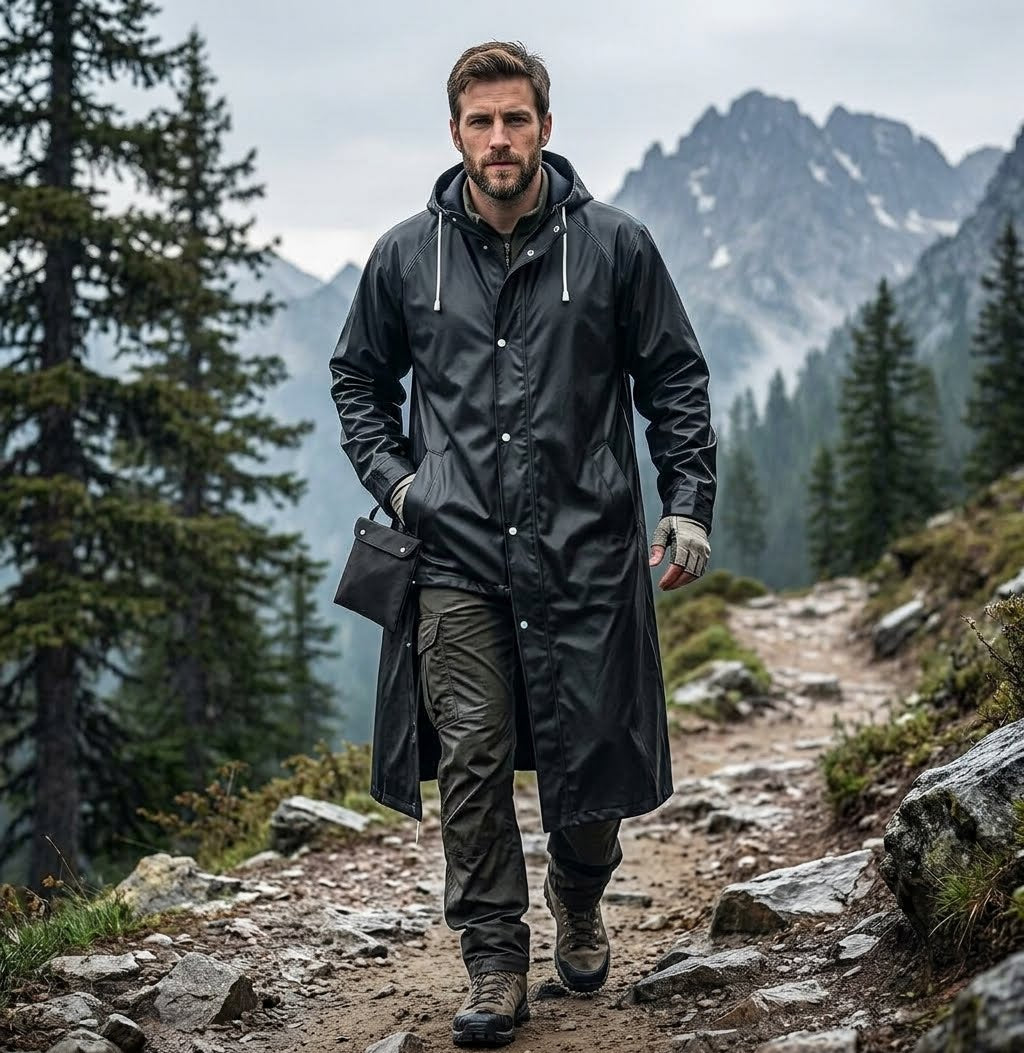 Men's Long Waterproof Raincoat | Hooded Hiking Jacket