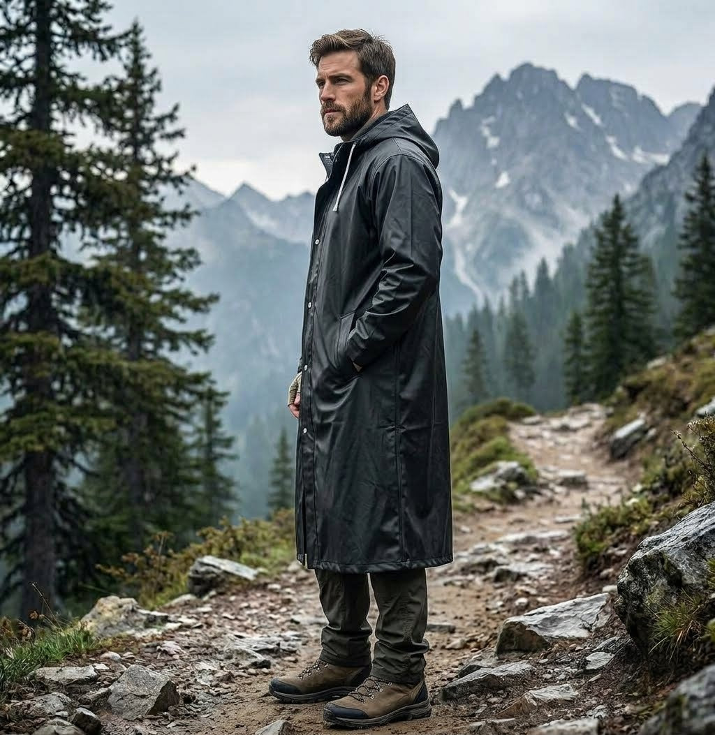 Men's Long Waterproof Raincoat | Hooded Hiking Jacket