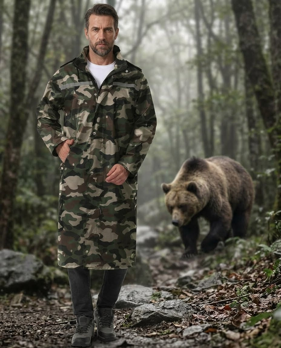 A man wearing a long camouflage hooded raincoat stands on a forest path with a large brown bear walking behind him in a misty woodland setting. big green bear biggreenbear.com