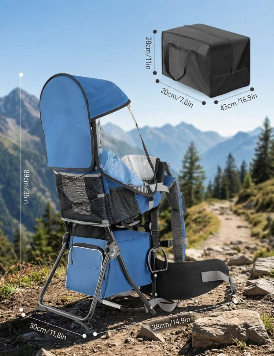 A blue and black hiking baby seat with a clear rain cover is shown outdoors on a mountain trail, with dimension labels around it and a separate black storage bag shown in the upper right. The scene includes mountains, trees, and a dirt path, making this a Lifestyle image rather than a clean studio product shot.