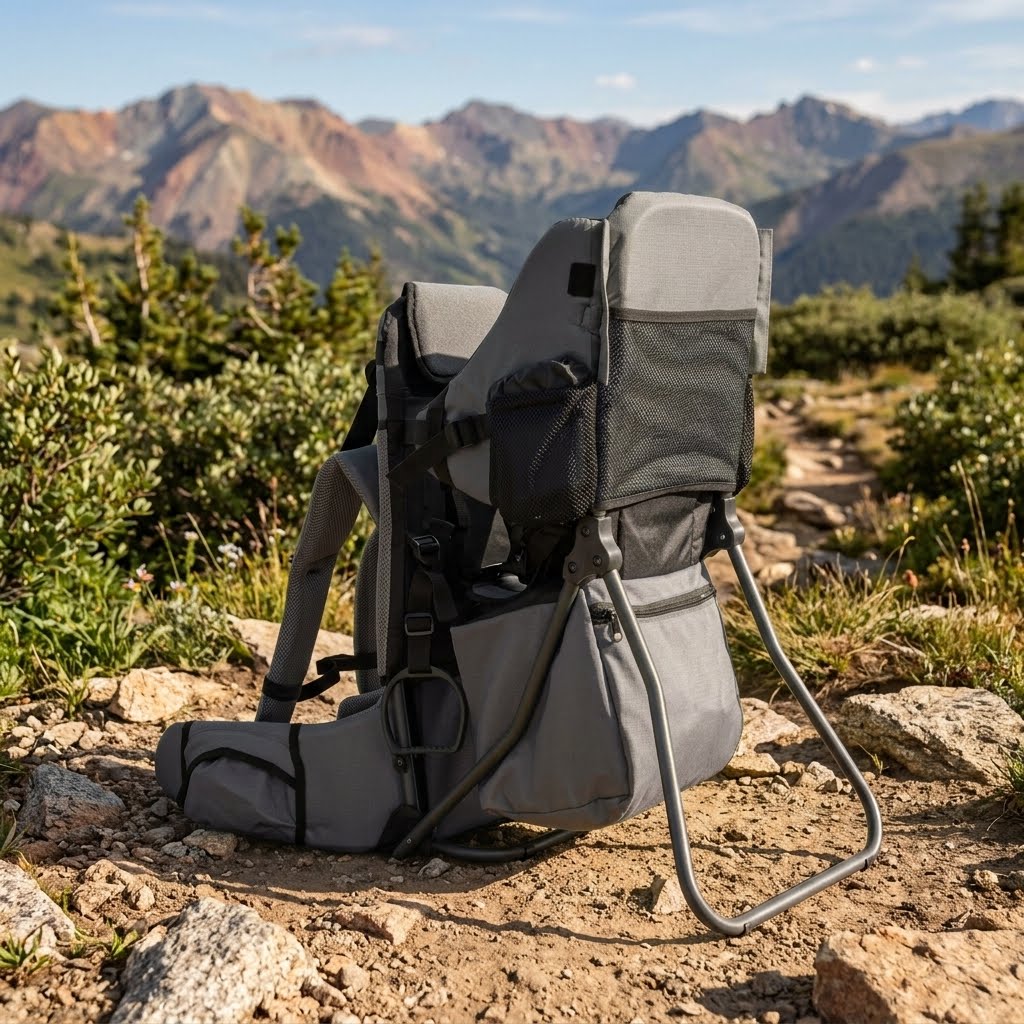 A gray and black baby carrier backpack sits on a rocky mountain trail with a backdrop of rugged peaks and green shrubs. big green bear biggreenbear.com