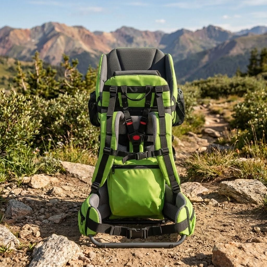 A bright lime green and black hiking backpack shown from the back, set on a rocky mountain trail with a scenic mountain range in the background.
