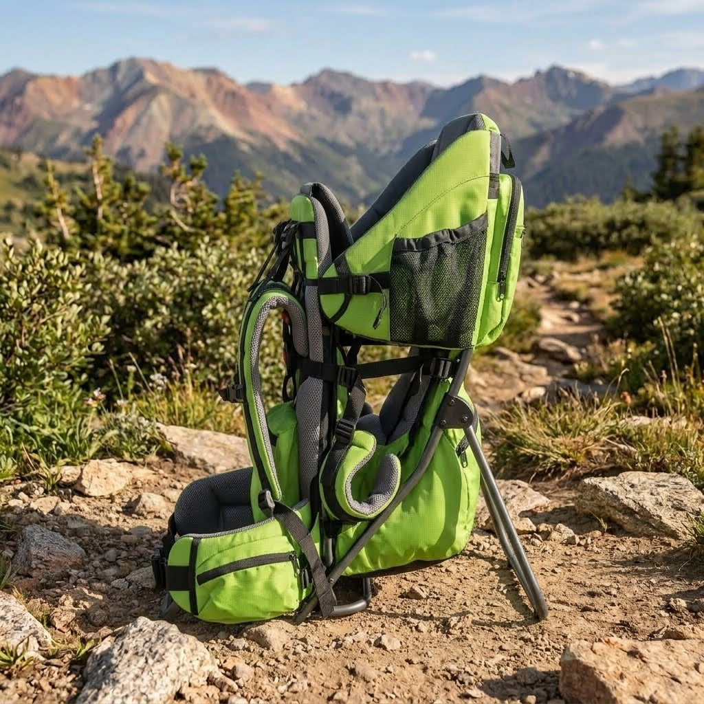 A bright lime green and black hiking backpack with a built-in child seat, shown on a rocky mountain trail with a scenic mountain range in the background.