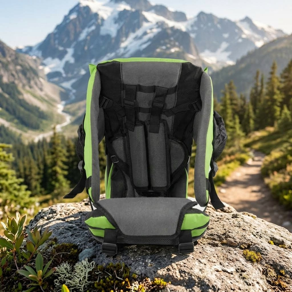 A hiking backpack with a seat and backrest support, in lime green and gray, set on a large rock with a mountain trail and snowy peaks in the background.