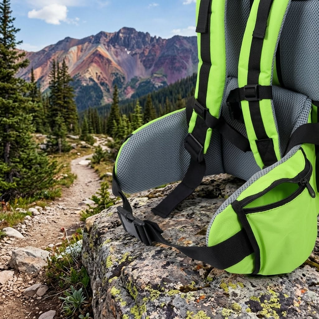 A close-up of a bright lime green and gray hiking backpack resting on a large rock with a mountain trail and forest in the background.