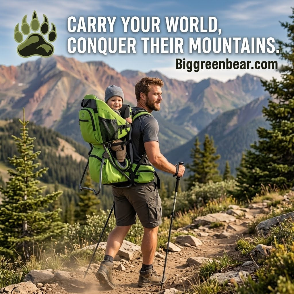 A man hiking on a mountain trail with a child in a bright green Big Green Bear backpack carrier. The background shows a scenic mountain range under a blue sky, with the text 'CARRY YOUR WORLD, CONQUER THEIR MOUNTAINS.