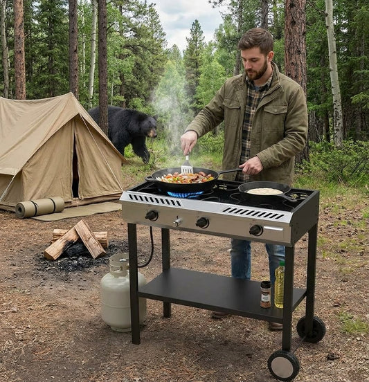 Close-up of a high-efficiency blue flame burner with an inset dial knob alongside meal panels of roasted chicken, soup, barbecue, and french fries. ig green bear