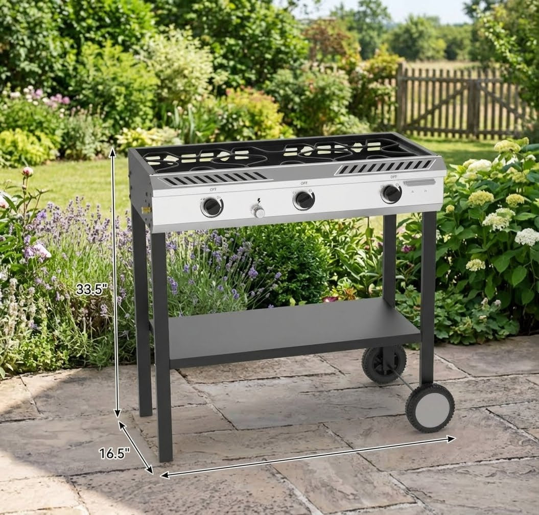 Dimension diagram of a black 3-burner propane camping stove measuring 33.5 inches tall by 16.5 inches wide by 33.5 inches deep on a stone patio background.