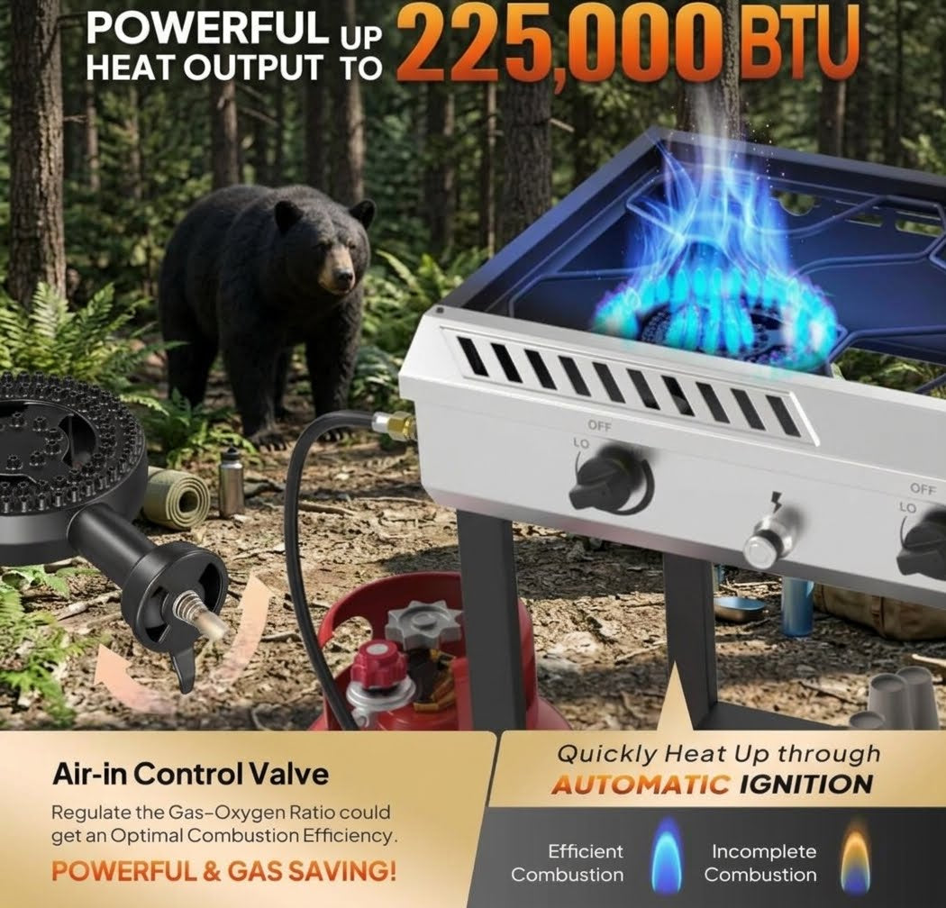 Diagram detailing a 225,000 BTU outdoor propane burner frame featuring a close-up of the adjustable air-in control valve next to a roaring blue flame.