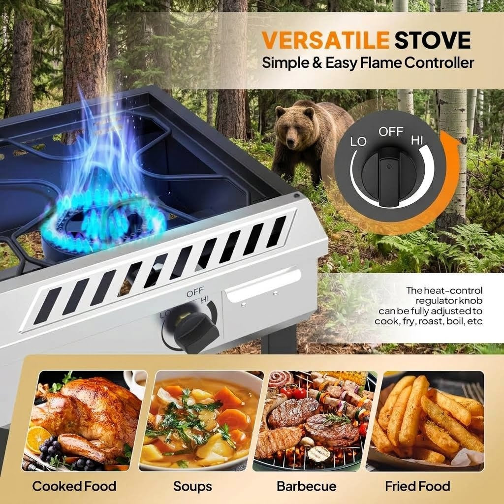 Close-up of a high-efficiency blue flame burner with an inset dial knob alongside meal panels of roasted chicken, soup, barbecue, and french fries.