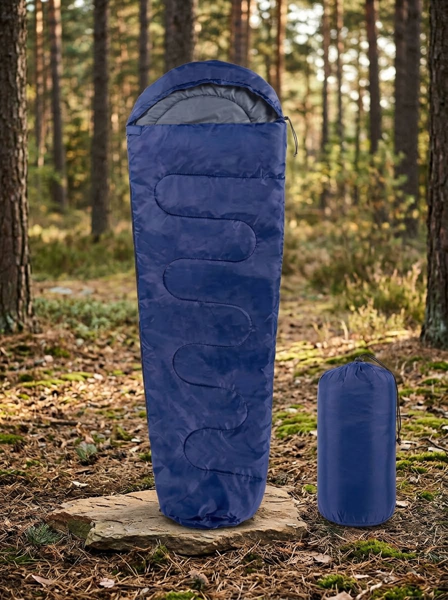 A blue sleeping bag standing upright on a stone in a forest, with its matching blue stuff sack placed beside it.