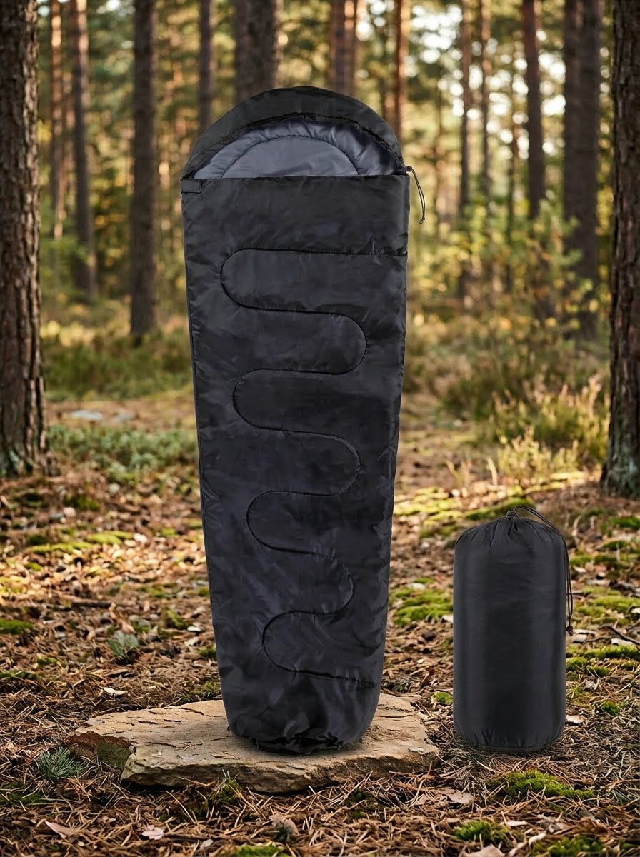 A black camping sleeping bag standing upright on a log in a forest, with its matching black stuff sack placed beside it.