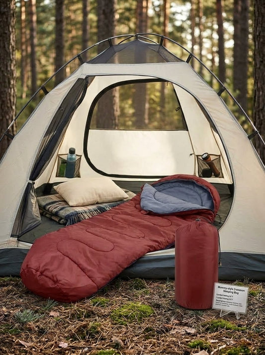 A red sleeping bag and matching stuff sack displayed in front of an open camping tent in a forest setting, with a pillow and blanket visible inside the tent. big green bear