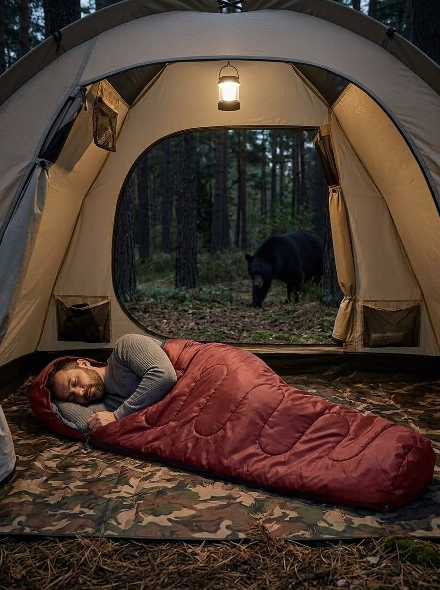 A man sleeps in a red sleeping bag inside a beige camping tent, with a forest and a bear visible outside under a hanging lantern.