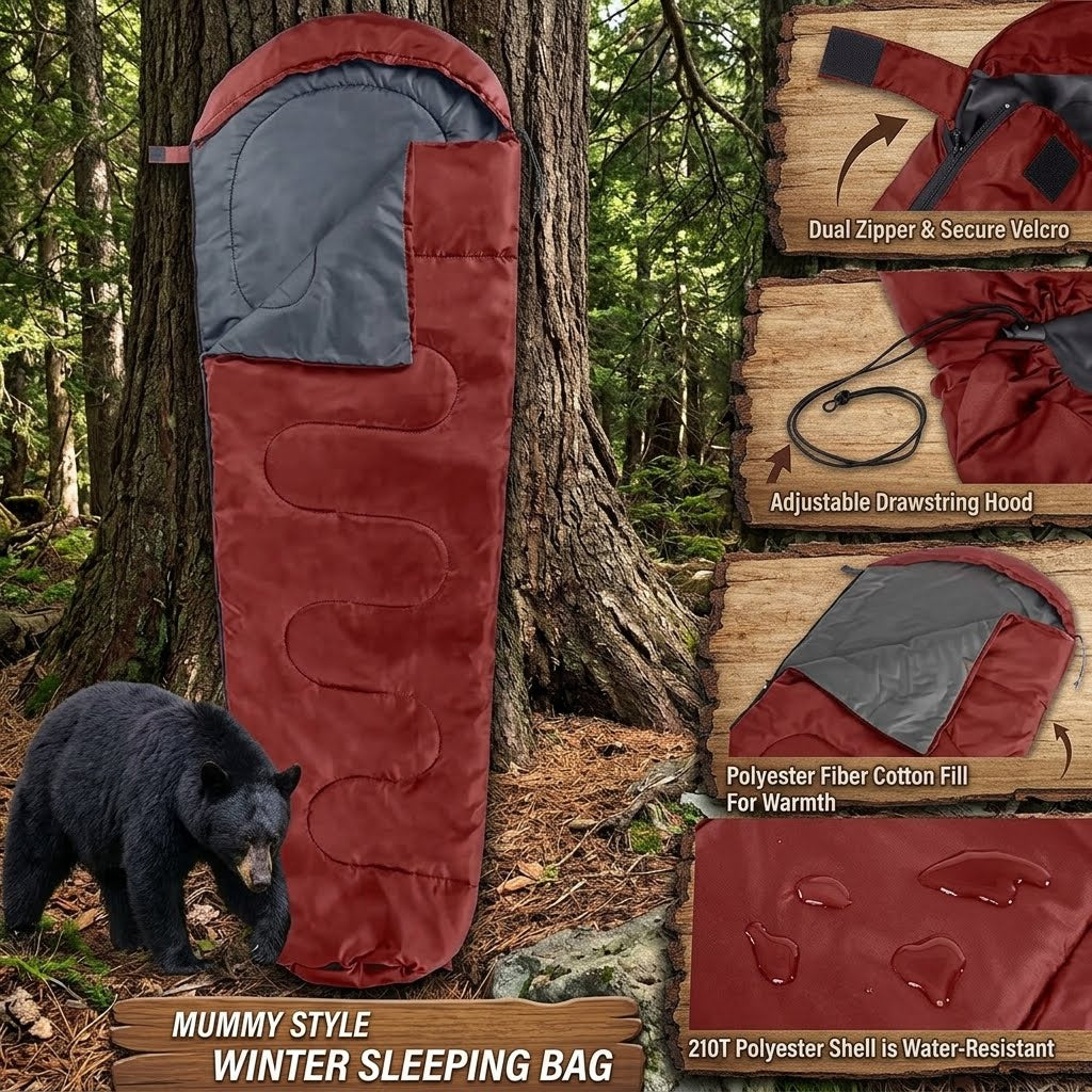 A mummy-style winter sleeping bag shown in a forest setting next to a bear, with inset detail panels on the right highlighting features like a dual zipper, adjustable drawstring hood, cotton fill, and water-resistant shell.