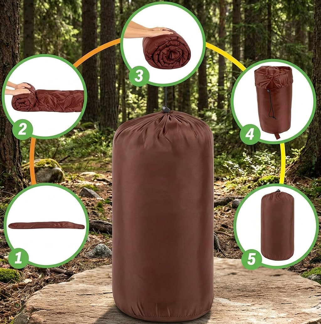 A brown cylindrical camping bag or tent shown standing upright on a log in a forest, with five numbered circular callouts around it showing different views or steps of the item. Because a real outdoor environment is present, this fits Lifestyle rather than Product/Packaging, even though the product is centered and clearly visible.