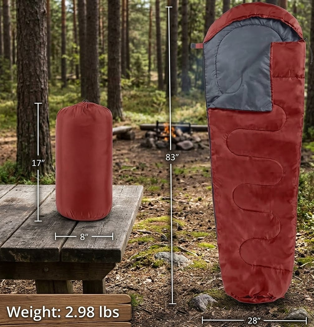 A red sleeping bag shown upright next to its compact cylindrical storage pouch on a picnic table in a forest setting, with measurement lines and text indicating height, width, and weight.