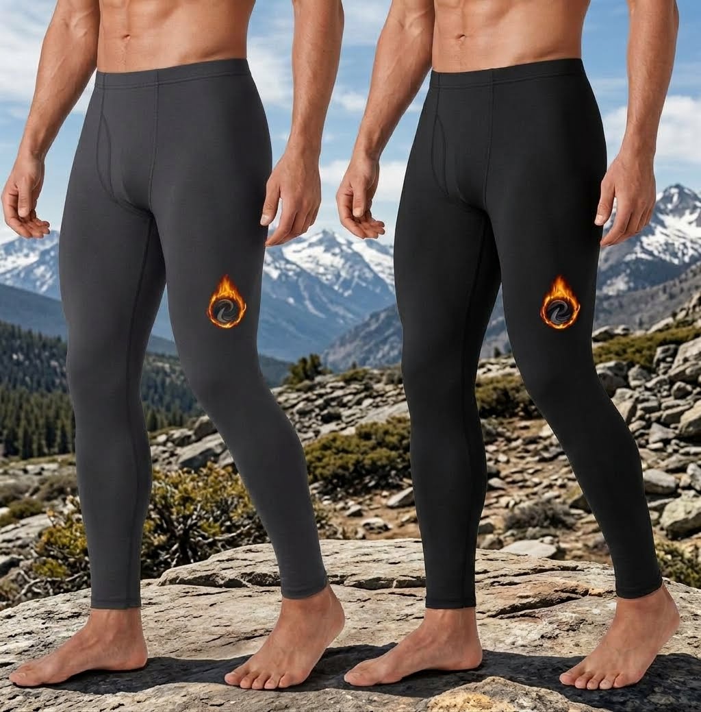 Two cropped male models standing outdoors on a rocky mountain path, wearing tight-fitting compression-style leggings. The left model wears dark gray leggings with a small orange flame ring logo near the left thigh, and the right model wears black leggings with the same logo. big green bear