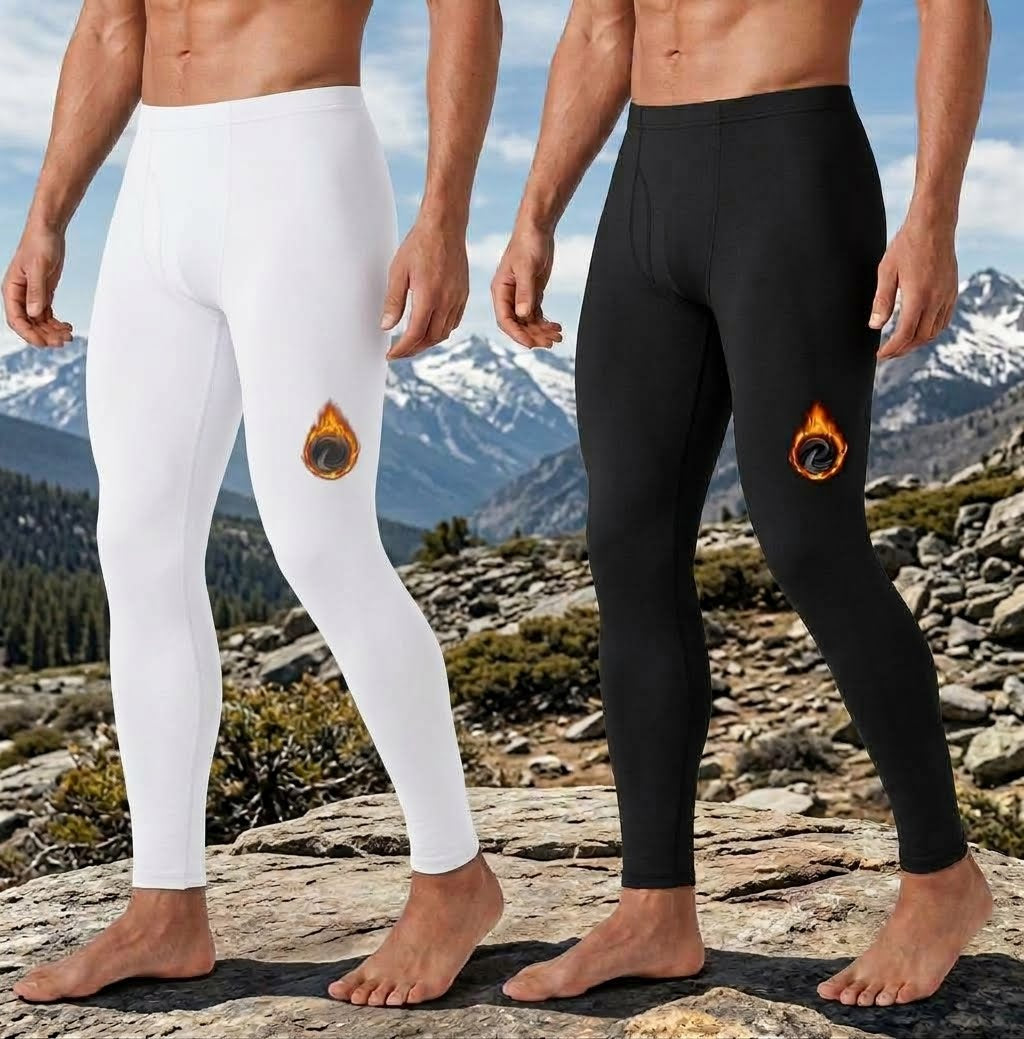 Two men modeling high-waisted athletic compression leggings outdoors on a rocky mountain path. One pair is white and the other is black, both featuring a small circular flame logo on the upper thigh. biggreenbear.com