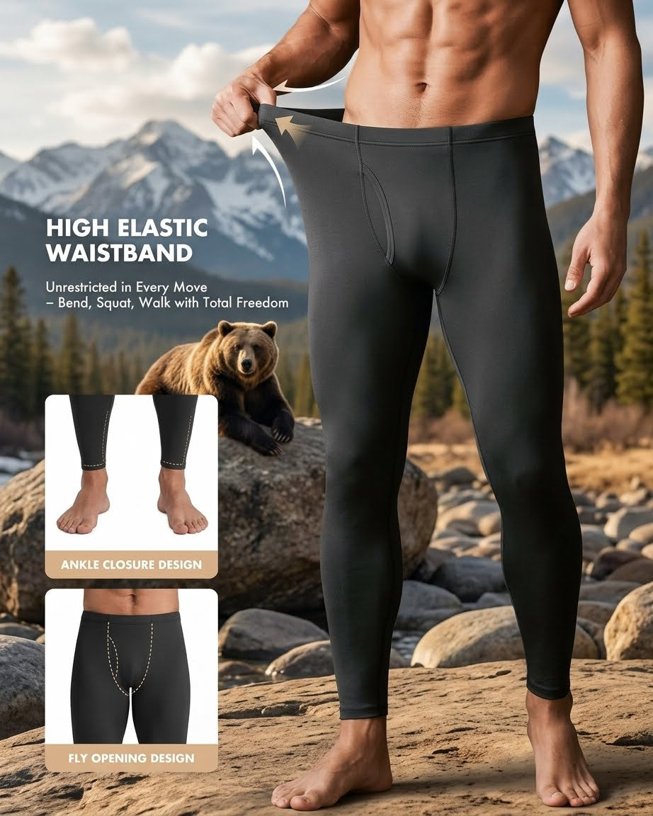A man wearing dark gray high-elastic waistband leggings stands barefoot outdoors in front of mountains and rocks, with text and inset detail images highlighting ankle closure and fly opening design.